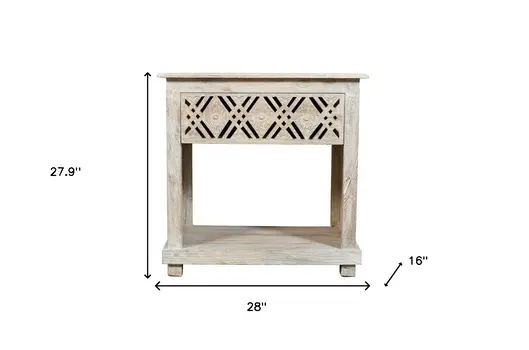28" White Solid Wood Distressed Carved Geometric One Drawer Nightstand