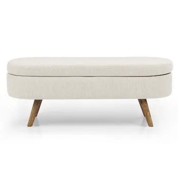44" Beige and Brown Linen Upholstered Storage Bench with Flip Top