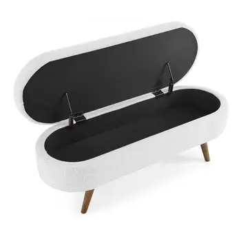 44" White and Brown Linen Upholstered Storage Bench with Flip Top