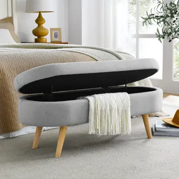 44" Gray and Brown Linen Upholstered Storage Bench with Flip Top