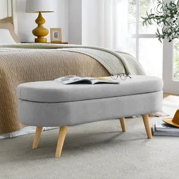 44" Gray and Brown Linen Upholstered Storage Bench with Flip Top