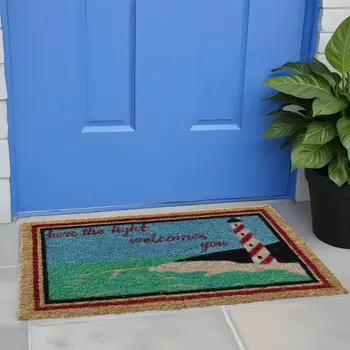 18" X 30" Brown Coir Lighthouse Here The Light Welcomes You Outdoor Door Mat