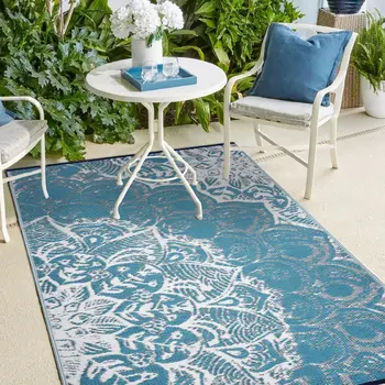 5' X 8' Teal Blue Floral Indoor Outdoor Area Rug