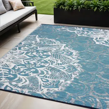 5' X 8' Teal Blue Floral Indoor Outdoor Area Rug