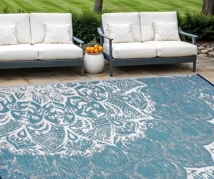 8' X 10' Teal Blue Floral Indoor Outdoor Area Rug