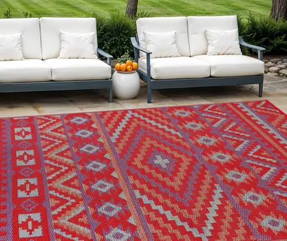 8' X 10' Red Geometric Indoor Outdoor Area Rug