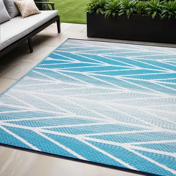5' X 8' Aqua Geometric Indoor Outdoor Area Rug