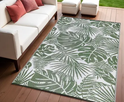 4' X 6' Green Floral Machine Braided Distressed Area Rug With UV Protection