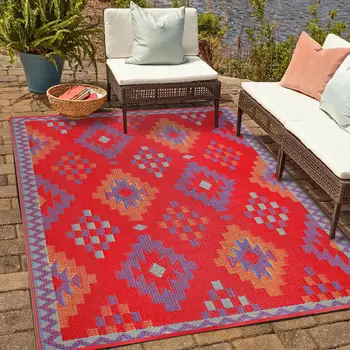 3' X 5' Red Geometric Indoor Outdoor Area Rug