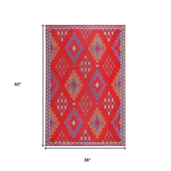 3' X 5' Red Geometric Indoor Outdoor Area Rug