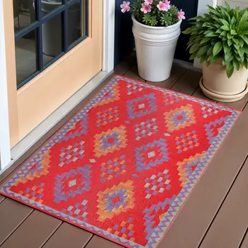 3' X 5' Red Geometric Indoor Outdoor Area Rug