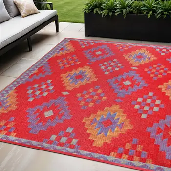 5' X 8' Red Geometric Indoor Outdoor Area Rug