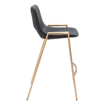 Set of Two 26" Black And Gold Faux Leather And Steel Low Back Counter Height Bar Chairs