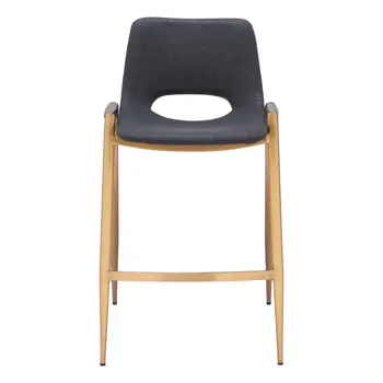 Set of Two 26" Black And Gold Faux Leather And Steel Low Back Counter Height Bar Chairs