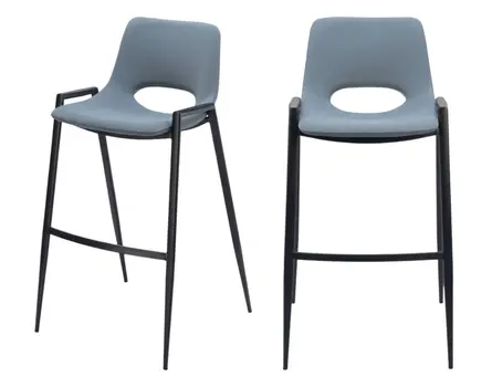 Set of Two 30" Blue And Black Faux Leather And Steel Low Back Bar Height Bar Chairs