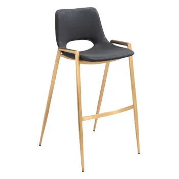 Set of Two 30" Black and Gold Faux Leather and Steel Low Back Bar Height Bar Chairs