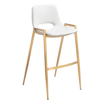 Set of Two 30" White And Gold Faux Leather And Steel Low Back Bar Height Bar Chairs