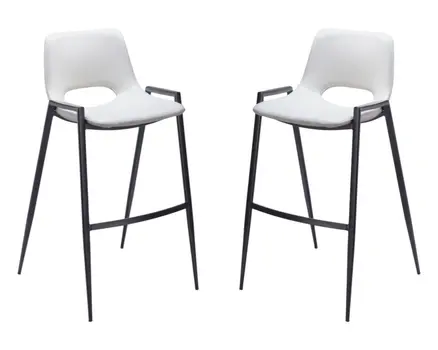 Set of Two 30" White and Black Faux Leather and Steel Low Back Bar Height Bar Chairs