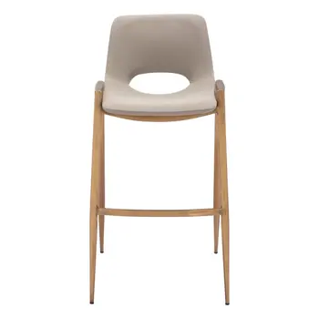Set of Two 30" Beige And Gold Faux Leather And Steel Low Back Bar Height Bar Chairs