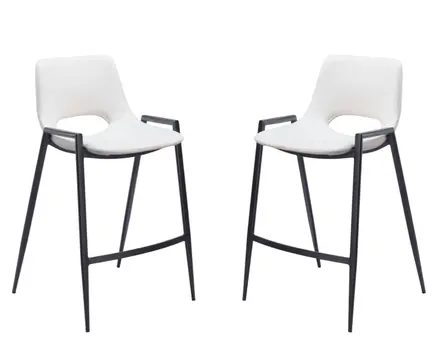 Set of Two 26" White and Black Faux Leather and Steel Low Back Counter Height Bar Chairs