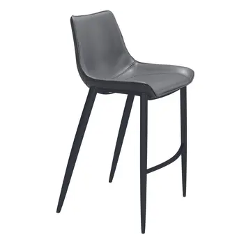 Set of Two 30" Dark Gray And Black Faux Leather And Steel Bar Height Bar Chairs