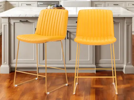Set of Two 26" Yellow Faux Leather And Steel Counter Height Bar Chairs