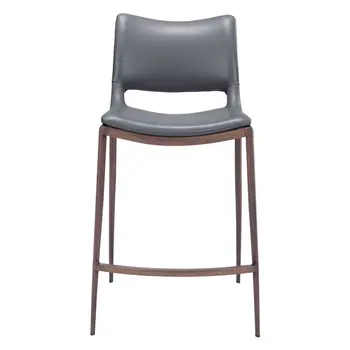 Set of Two 25" Dark Gray and Brown Faux Leather and Steel Low Back Counter Height Bar Chairs