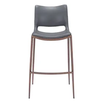 Set of Two 29" Dark Gray and Walnut Faux Leather and Steel Low Back Counter Height Bar Chairs