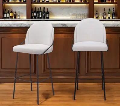 Set of Two 30" Ivory And Black Shearling And Steel Bar Height Bar Chairs