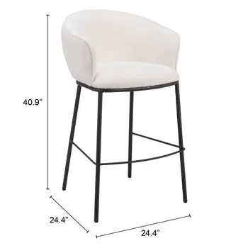 30" Ivory And Black Shearling And Steel Bar Height Bar Chair