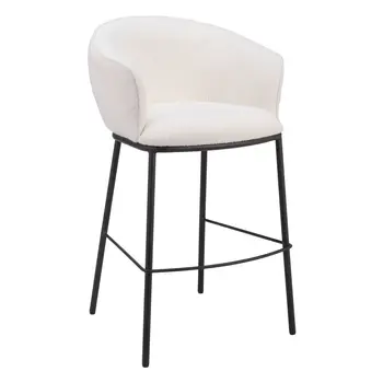 30" Ivory And Black Shearling And Steel Bar Height Bar Chair
