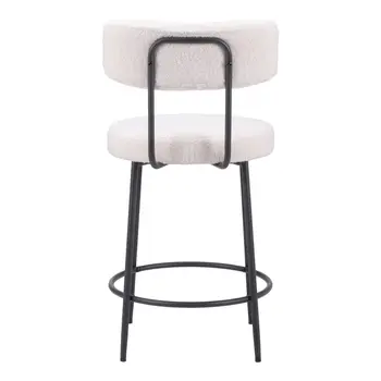 Set of Two 25" Ivory and Black Shearling and Steel Low Back Counter Height Bar Chairs
