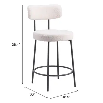 Set of Two 25" Ivory and Black Shearling and Steel Low Back Counter Height Bar Chairs