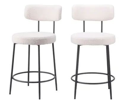 Set of Two 25" Ivory and Black Shearling and Steel Low Back Counter Height Bar Chairs