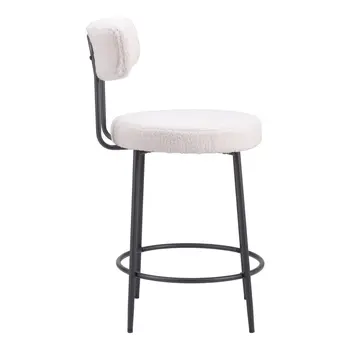 Set of Two 25" Ivory and Black Shearling and Steel Low Back Counter Height Bar Chairs