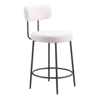 Set of Two 25" Ivory and Black Shearling and Steel Low Back Counter Height Bar Chairs