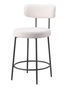 Set of Two 25" Ivory and Black Shearling and Steel Low Back Counter Height Bar Chairs