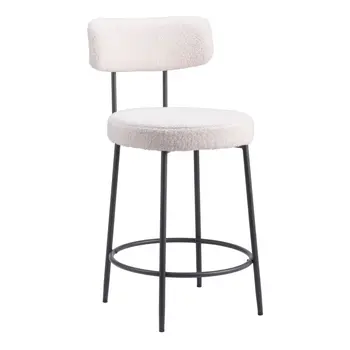 Set of Two 25" Ivory and Black Shearling and Steel Low Back Counter Height Bar Chairs