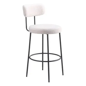 Set of Two 29" Ivory And Black Shearling And Steel Low Back Bar Height Bar Chairs
