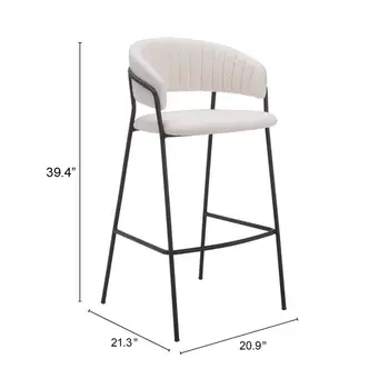 Set of Two 30" Cream and Black Shearling and Steel Low Back Bar Height Bar Chairs