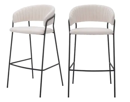 Set of Two 30" Cream and Black Shearling and Steel Low Back Bar Height Bar Chairs