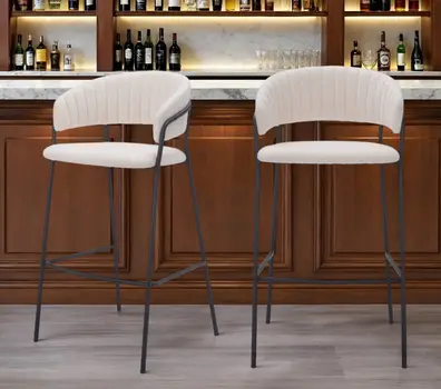 Set of Two 30" Cream and Black Shearling and Steel Low Back Bar Height Bar Chairs