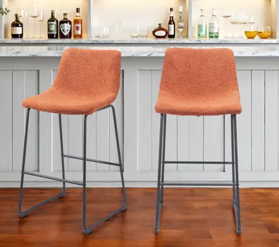 Set of Two 29" Burnt Orange and Black Shearling and Steel Bar Height Bar Chairs