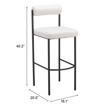 Set of Two 30" Ivory and Black Shearling and Steel Low Back Bar Height Bar Chairs