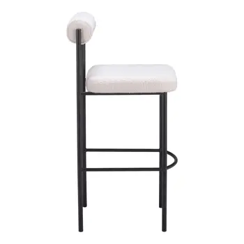 Set of Two 30" Ivory and Black Shearling and Steel Low Back Bar Height Bar Chairs