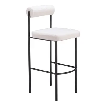Set of Two 30" Ivory and Black Shearling and Steel Low Back Bar Height Bar Chairs