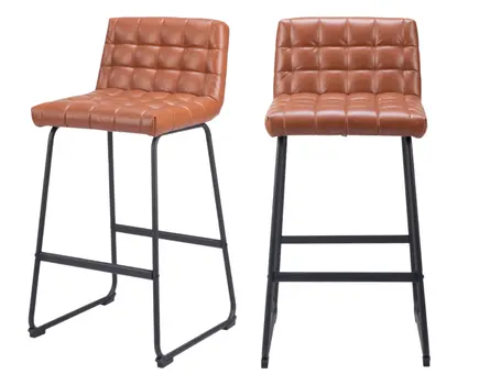 Set of Two 30" Brown And Black Faux Leather And Steel Bar Height Bar Chairs