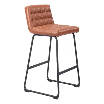 Set of Two 30" Brown And Black Faux Leather And Steel Bar Height Bar Chairs