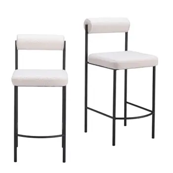 Set of Two 26" Ivory and Black Faux Shearling and Steel Low Back Counter Height Bar Chairs