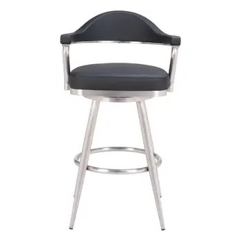 30" Black And Silver Faux Leather And Stainless Steel Bar Height Swivel Bar Chair